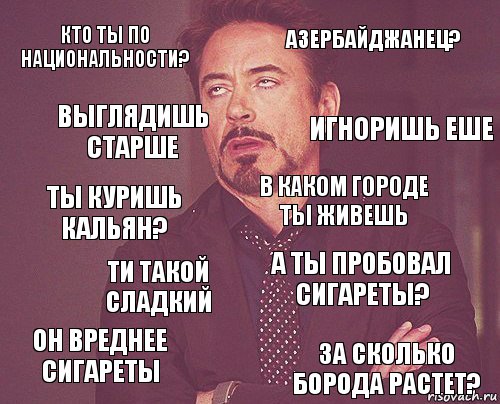 кто ты по национальности? азербайджанец? ты куришь кальян? он вреднее сигареты а ты пробовал сигареты? в каком городе ты живешь ти такой сладкий за сколько борода растет? выглядишь старше игноришь еше, Комикс мое лицо