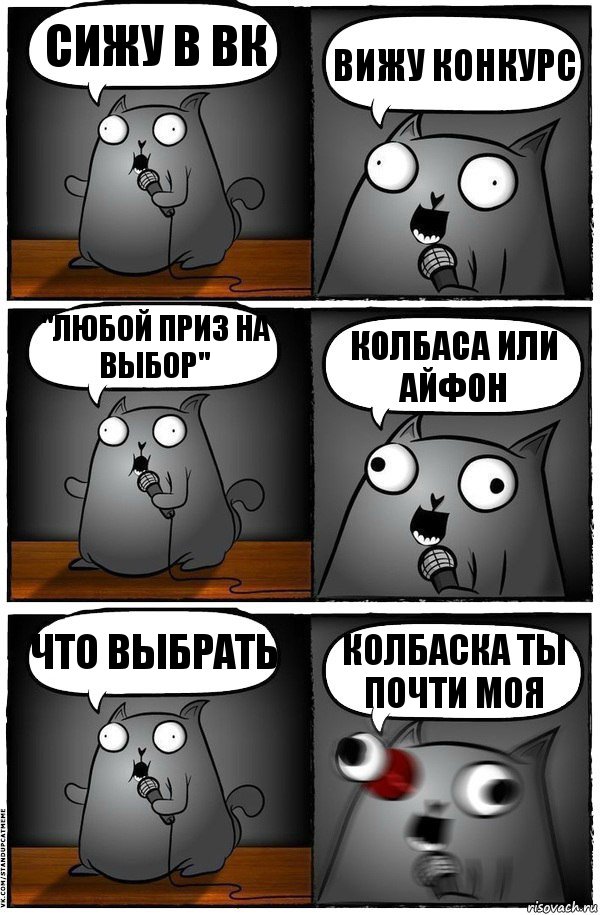 Сижу в ВК Вижу конкурс "Любой приз на выбор" Колбаса или айфон Что выбрать КОЛБАСКА ТЫ ПОЧТИ МОЯ, Комикс  Стендап-кот