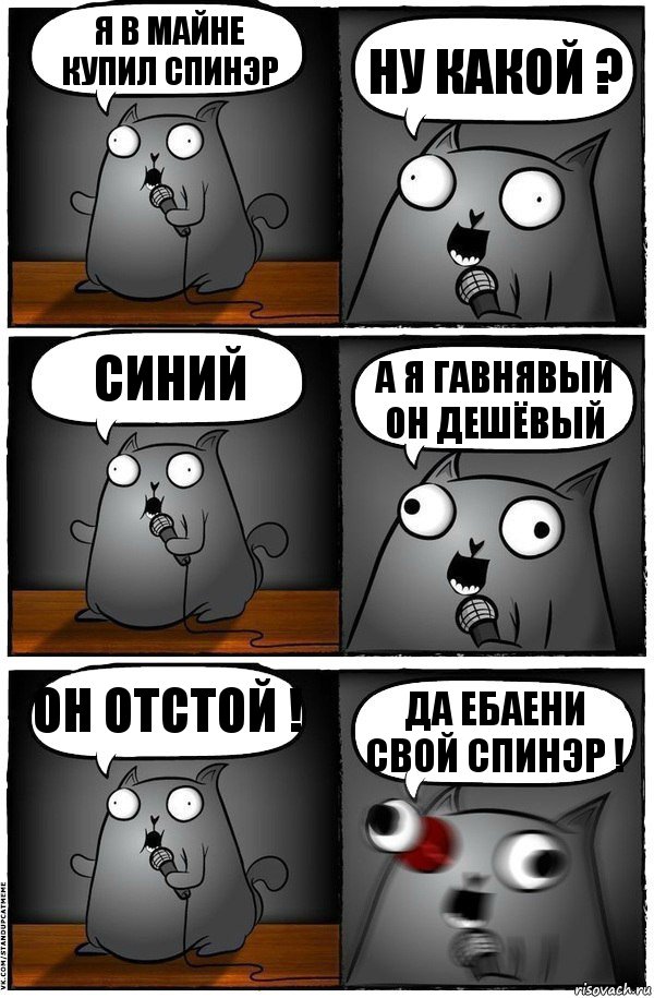 я в майне купил спинэр ну какой ? синий а я гавнявый он дешёвый он отстой ! да ебаени свой спинэр !, Комикс  Стендап-кот