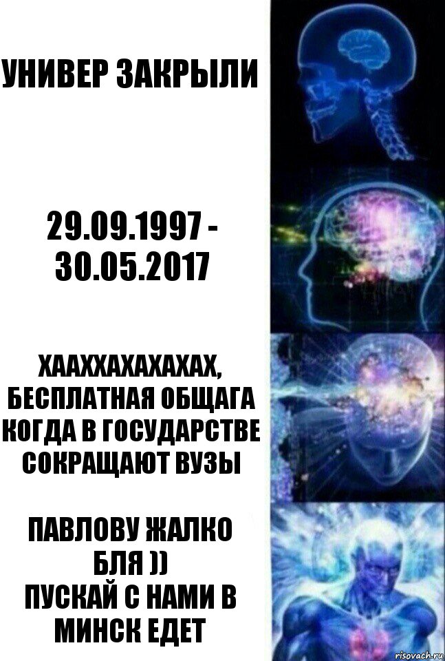 Универ закрыли 29.09.1997 - 30.05.2017 ХААХХАХАХАХАХ, БЕСПЛАТНАЯ ОБЩАГА КОГДА В ГОСУДАРСТВЕ СОКРАЩАЮТ ВУЗЫ Павлову жалко
бля ))
Пускай с нами в Минск едет, Комикс  Сверхразум