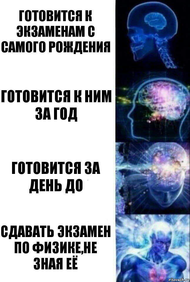 Готовится к экзаменам с самого рождения готовится к ним за год готовится за день до Сдавать экзамен по физике,Не зная её, Комикс  Сверхразум