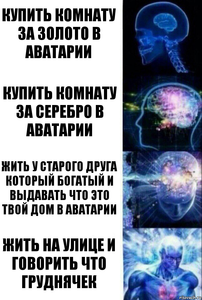 Купить комнату за золото в Аватарии Купить комнату за серебро в Аватарии Жить у старого друга который богатый и выдавать что это твой дом в Аватарии Жить на улице и говорить что груднячек, Комикс  Сверхразум