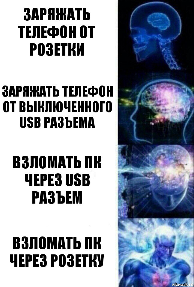 Заряжать телефон от розетки Заряжать телефон от выключенного USB разъема Взломать ПК через USB разъем Взломать ПК через розетку, Комикс  Сверхразум