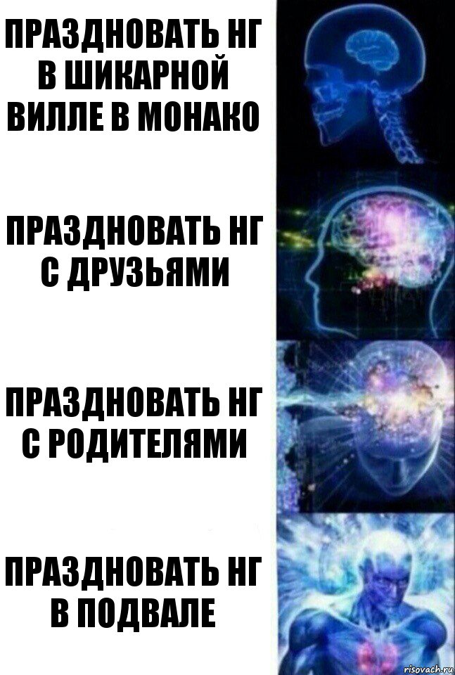 Праздновать нг в шикарной вилле в Монако Праздновать нг с друзьями Праздновать нг с родителями Праздновать нг в подвале, Комикс  Сверхразум