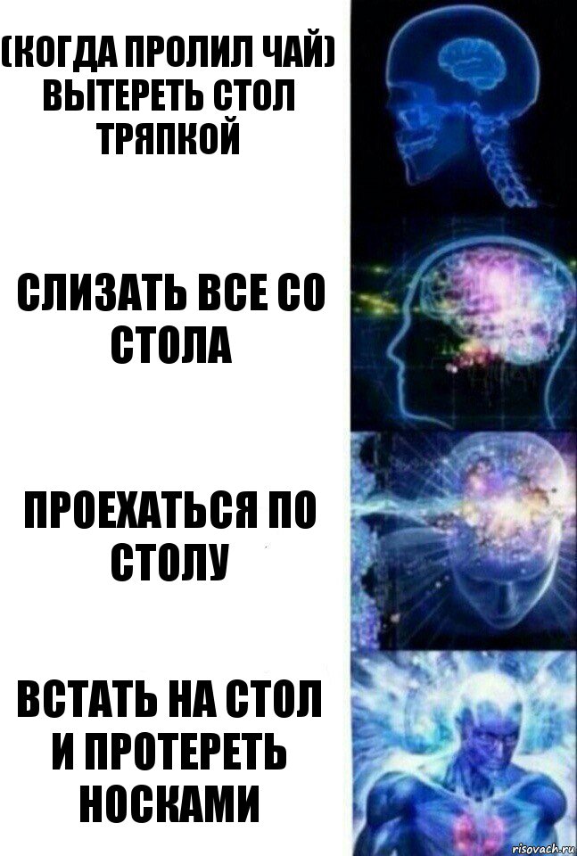 (Когда пролил чай)
вытереть стол тряпкой Слизать все со стола Проехаться по столу Встать на стол и протереть носками, Комикс  Сверхразум