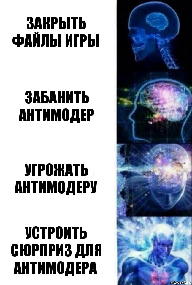 Закрыть файлы игры Забанить АнтиМодер Угрожать АнтиМодеру Устроить сюрприз для АнтиМодера, Комикс  Сверхразум