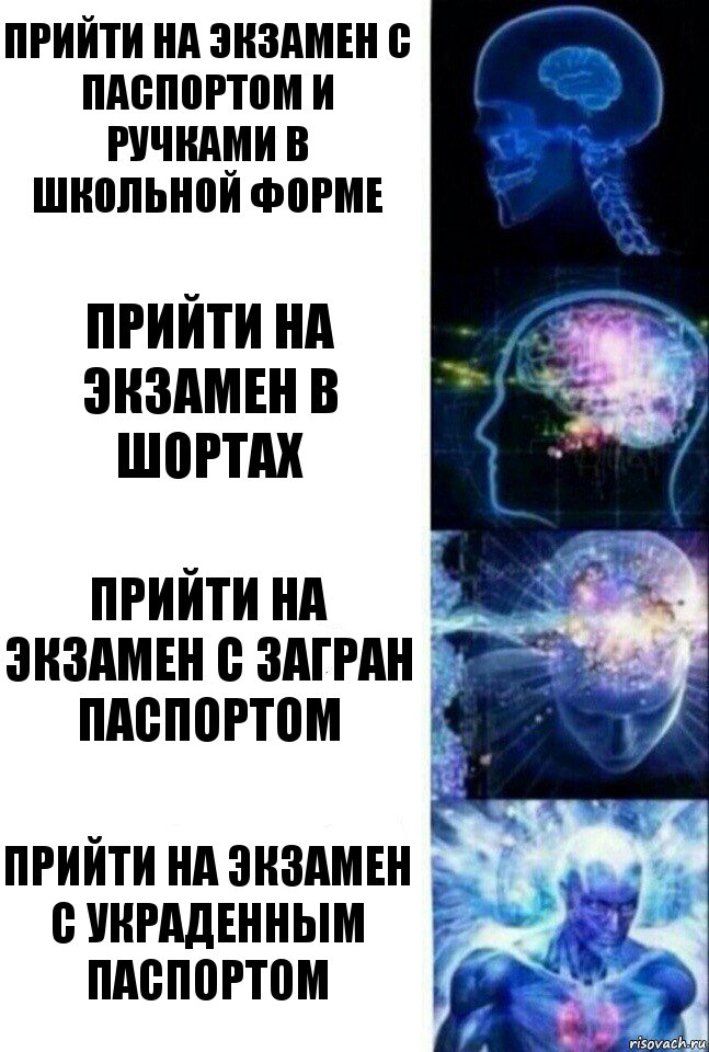 Прийти на экзамен с паспортом и ручками в школьной форме Прийти на экзамен в шортах Прийти на экзамен с загран паспортом Прийти на экзамен с украденным паспортом, Комикс  Сверхразум