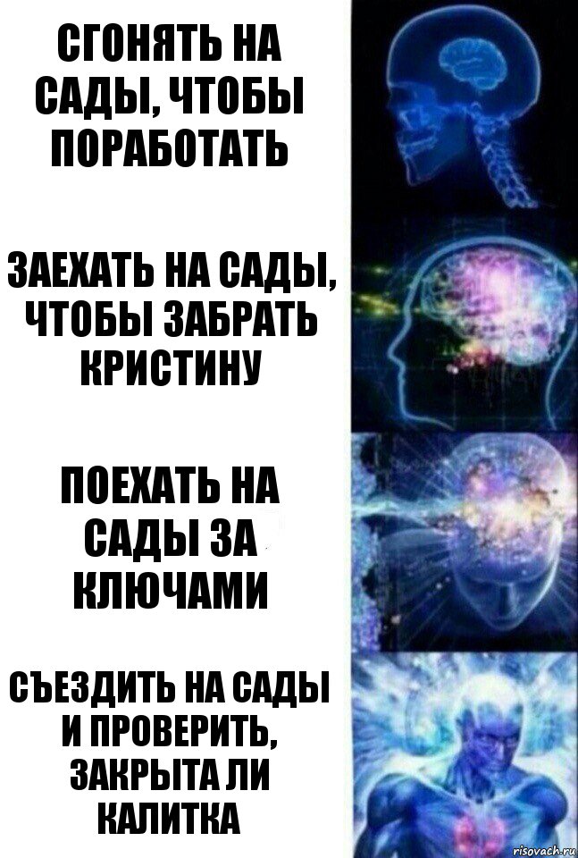 Сгонять на сады, чтобы поработать Заехать на сады, чтобы забрать Кристину Поехать на сады за ключами Съездить на сады и проверить, закрыта ли калитка, Комикс  Сверхразум