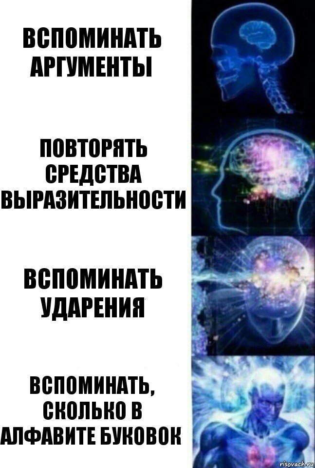 Вспоминать аргументы Повторять средства выразительности Вспоминать ударения Вспоминать, сколько в алфавите буковок, Комикс  Сверхразум