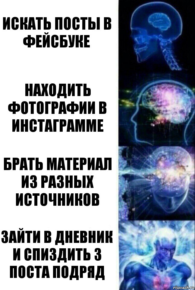 Искать посты в фейсбуке Находить фотографии в инстаграмме Брать материал из разных источников Зайти в Дневник и спиздить 3 поста подряд, Комикс  Сверхразум