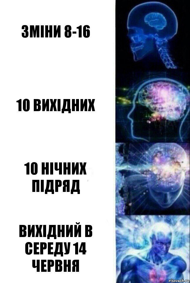 зміни 8-16 10 вихідних 10 нічних підряд вихідний в середу 14 червня, Комикс  Сверхразум