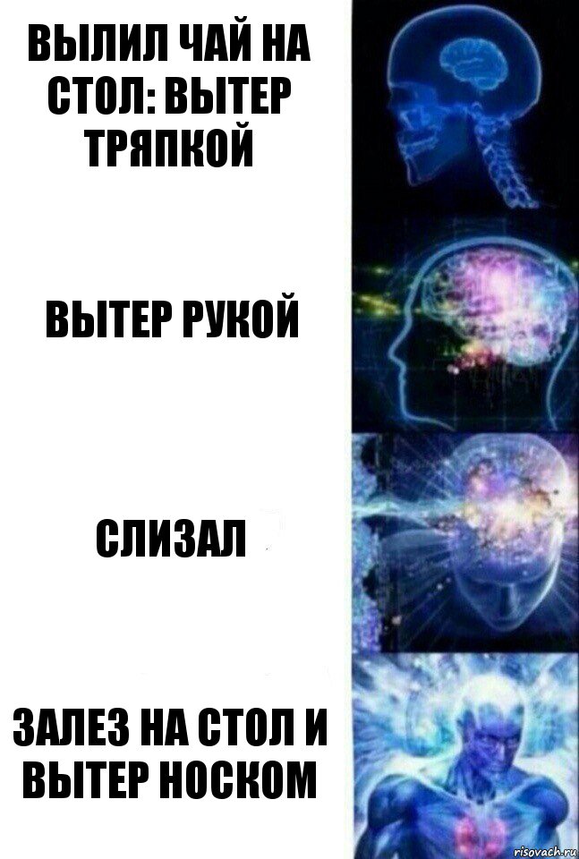 Вылил чай на стол: вытер тряпкой Вытер рукой Слизал Залез на стол и вытер носком, Комикс  Сверхразум