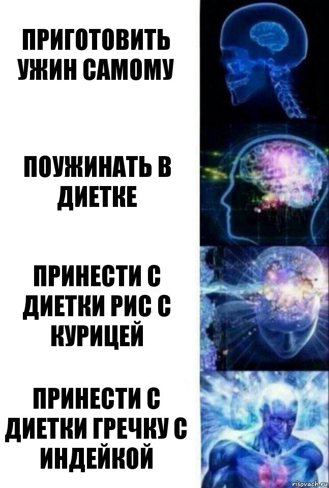 ПРИГОТОВИТЬ УЖИН САМОМУ поужинать в диетке принести с диетки рис с курицей принести с диетки гречку с индейкой, Комикс  Сверхразум