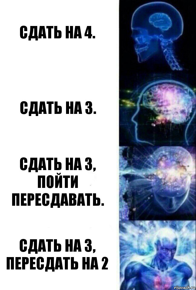 Сдать на 4. Сдать на 3. сдать на 3, пойти пересдавать. Сдать на 3, пересдать на 2, Комикс  Сверхразум