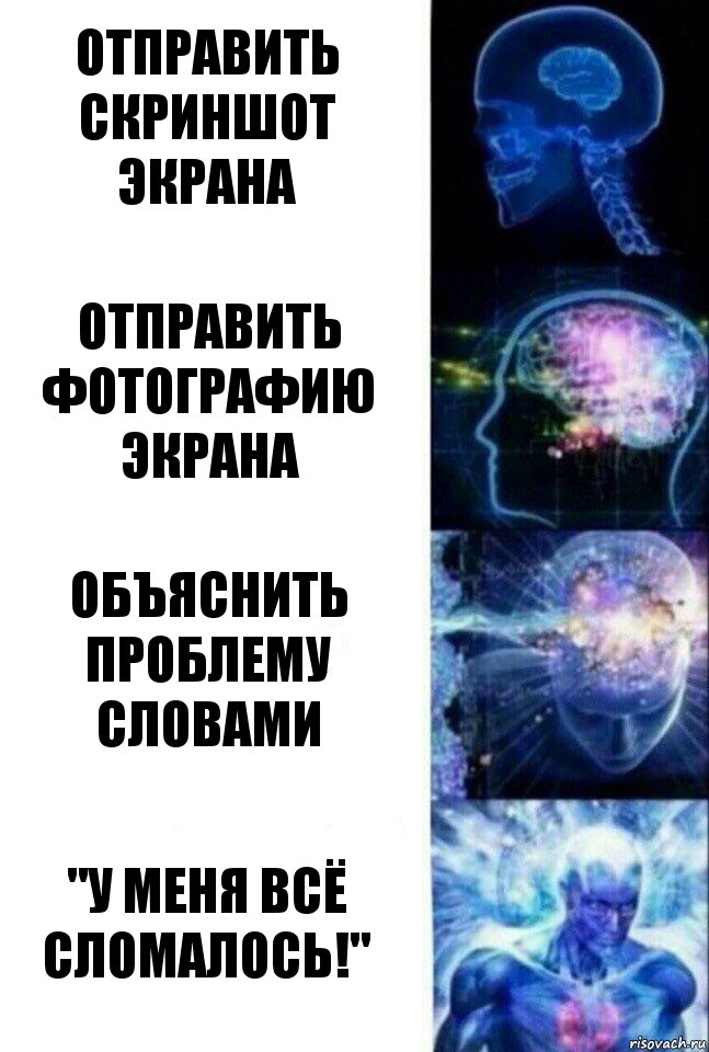 Отправить скриншот экрана Отправить фотографию экрана объяснить проблему словами "У меня всё сломалось!", Комикс  Сверхразум