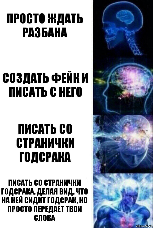 Просто ждать разбана Создать фейк и писать с него Писать со странички годсрака Писать со странички годсрака, делая вид, что на ней сидит годсрак, но просто передает твои слова, Комикс  Сверхразум