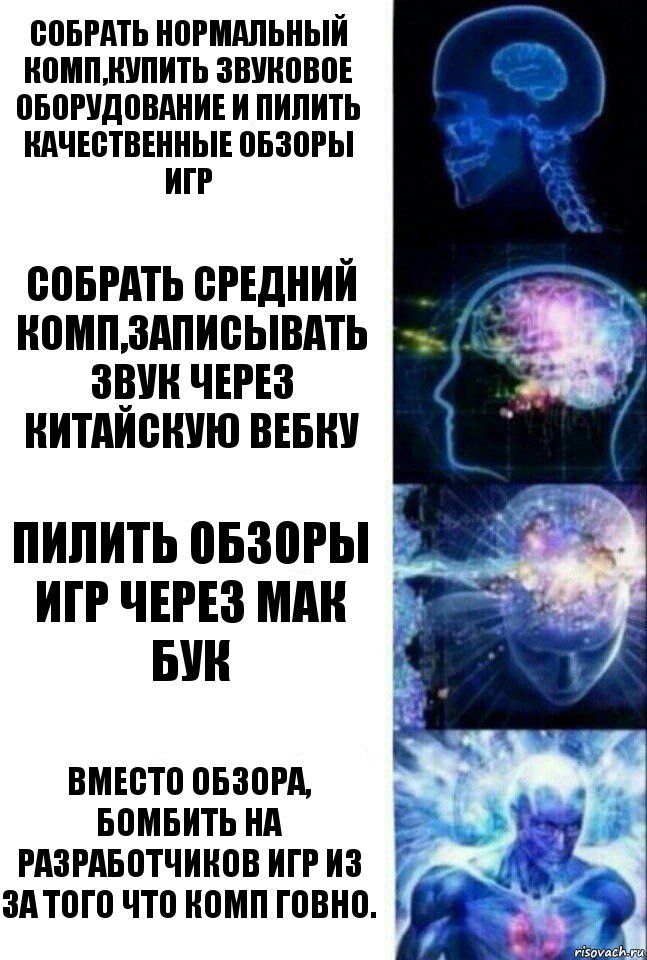 Собрать нормальный комп,купить звуковое оборудование и пилить качественные обзоры игр Собрать средний комп,записывать звук через китайскую вебку Пилить обзоры игр через мак бук Вместо обзора, бомбить на разработчиков игр из за того что комп говно., Комикс  Сверхразум