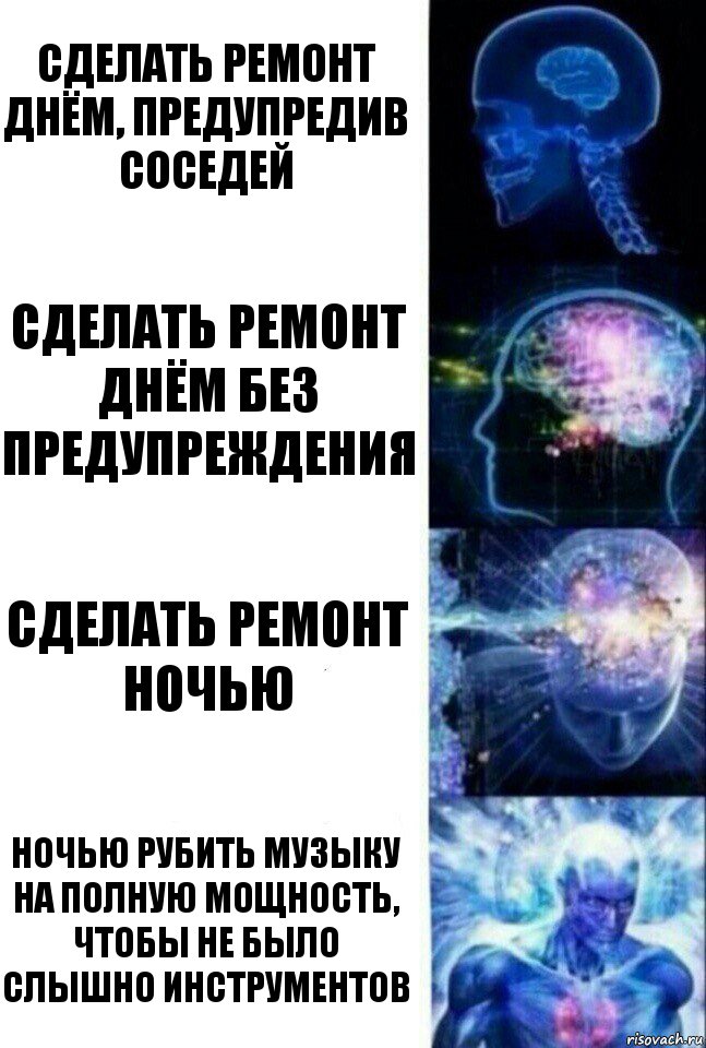 Сделать ремонт днём, предупредив соседей Сделать ремонт днём без предупреждения Сделать ремонт ночью Ночью рубить музыку на полную мощность, чтобы не было слышно инструментов, Комикс  Сверхразум