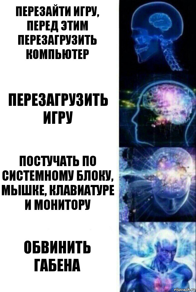 Перезайти игру, перед этим перезагрузить компьютер Перезагрузить игру Постучать по системному блоку, мышке, клавиатуре и монитору Обвинить Габена, Комикс  Сверхразум