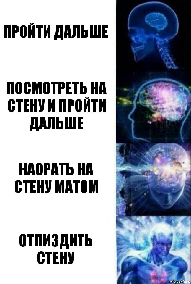 пройти дальше посмотреть на стену и пройти дальше наорать на стену матом отпиздить стену, Комикс  Сверхразум