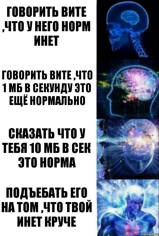 Говорить Вите ,что у него норм инет Говорить вите ,что 1 мб в секунду это ещё нормально Сказать что у тебя 10 мб в сек это норма Подъебать его на том ,что твой инет круче, Комикс  Сверхразум