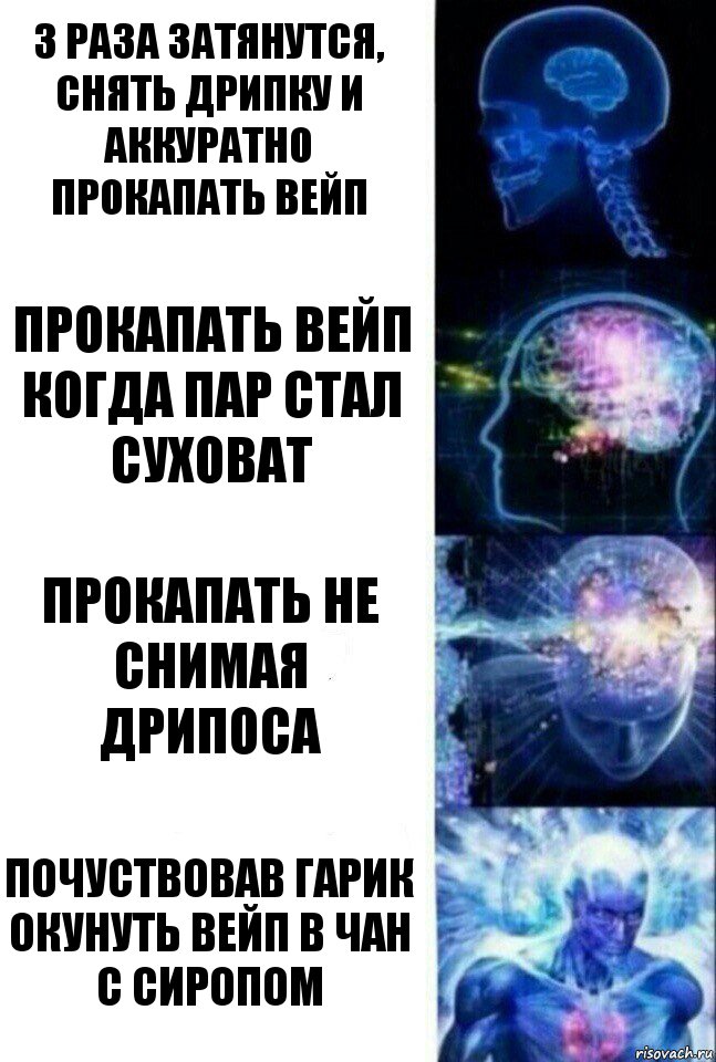 3 раза затянутся, снять дрипку и аккуратно прокапать вейп прокапать вейп когда пар стал суховат прокапать не снимая дрипоса почуствовав гарик окунуть вейп в чан с сиропом, Комикс  Сверхразум