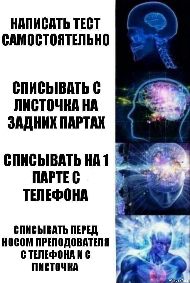 Написать тест самостоятельно Списывать с листочка на задних партах Списывать на 1 парте с телефона Списывать перед носом преподователя с телефона и с листочка, Комикс  Сверхразум