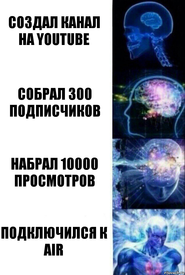 Создал канал на YouTube Собрал 300 подписчиков Набрал 10000 просмотров Подключился к AIR, Комикс  Сверхразум