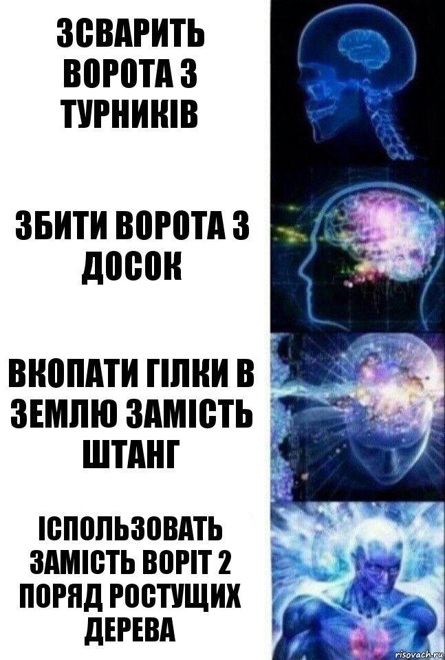 Зсварить ворота з турників Збити ворота з досок Вкопати гілки в землю замість штанг Іспользовать замість воріт 2 поряд ростущих дерева, Комикс  Сверхразум