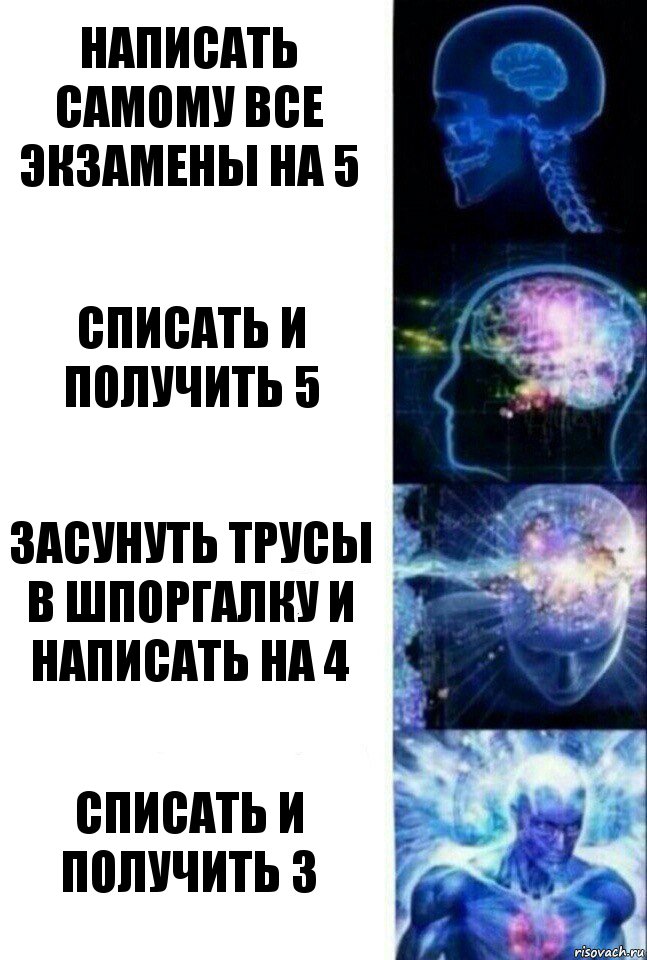 Написать самому все экзамены на 5 Списать и получить 5 Засунуть трусы в шпоргалку и написать на 4 Списать и получить 3, Комикс  Сверхразум