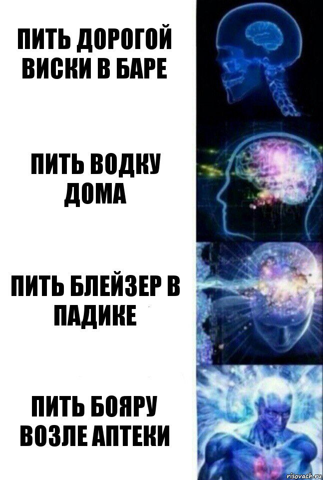 Пить дорогой виски в баре Пить водку дома Пить блейзер в падике Пить бояру возле аптеки, Комикс  Сверхразум