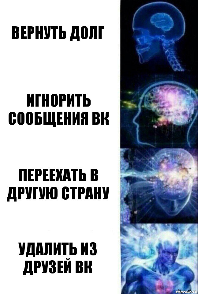 Вернуть долг Игнорить сообщения ВК Переехать в другую страну Удалить из друзей ВК, Комикс  Сверхразум