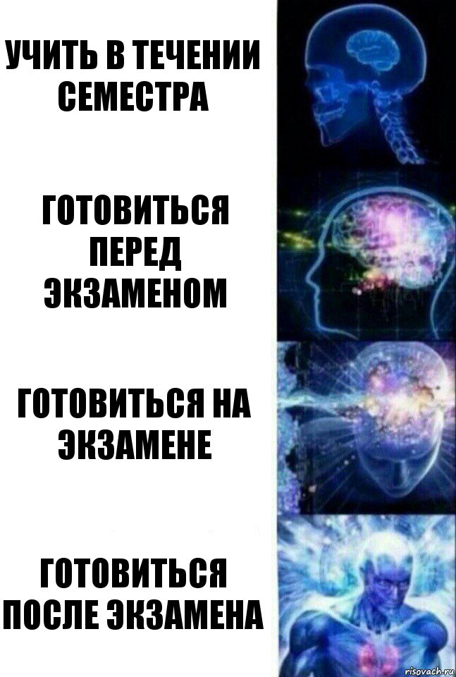 учить в течении семестра готовиться перед экзаменом готовиться на экзамене готовиться после экзамена, Комикс  Сверхразум