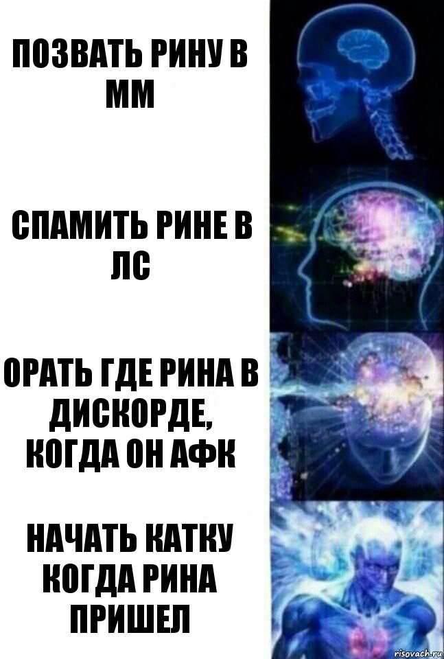 Позвать Рину в мм Спамить Рине в лс Орать где Рина в дискорде, когда он афк Начать катку когда Рина пришел, Комикс  Сверхразум