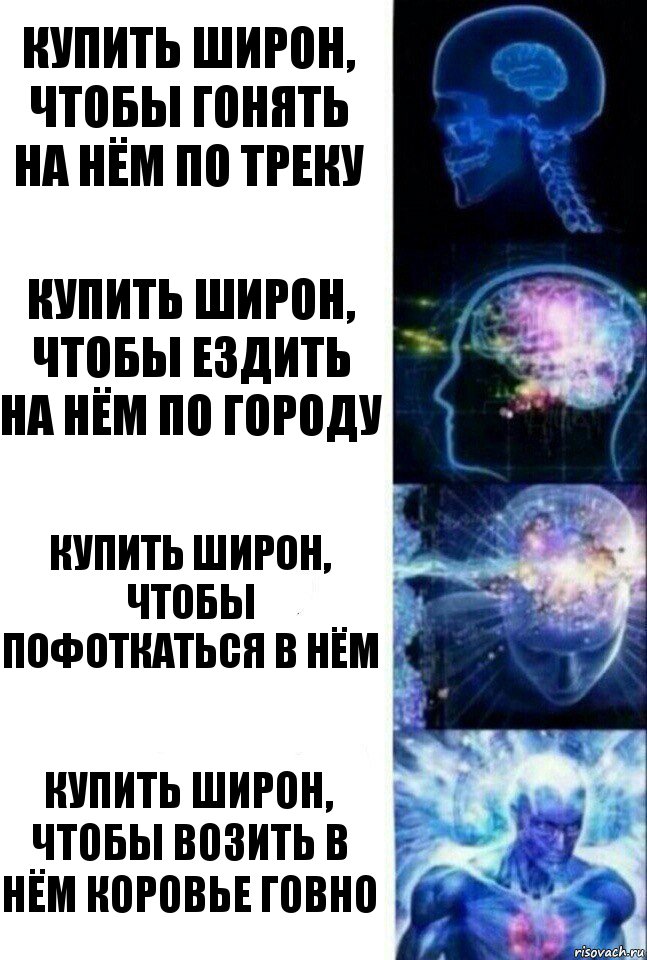 Купить широн, чтобы гонять на нём по треку Купить широн, чтобы ездить на нём по городу Купить широн, чтобы пофоткаться в нём Купить широн, чтобы возить в нём коровье говно, Комикс  Сверхразум