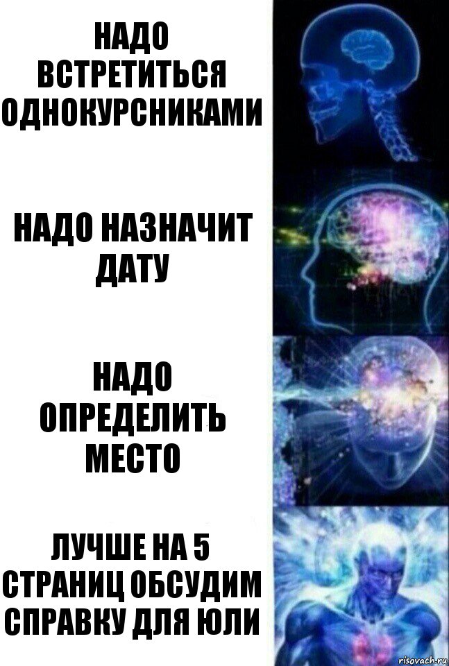 Надо встретиться однокурсниками Надо назначит дату Надо определить место Лучше на 5 страниц обсудим справку для Юли, Комикс  Сверхразум