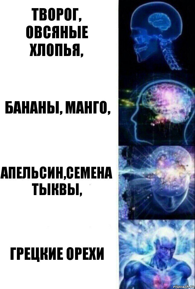 творог, овсяные хлопья, бананы, манго, апельсин,семена тыквы, грецкие орехи, Комикс  Сверхразум