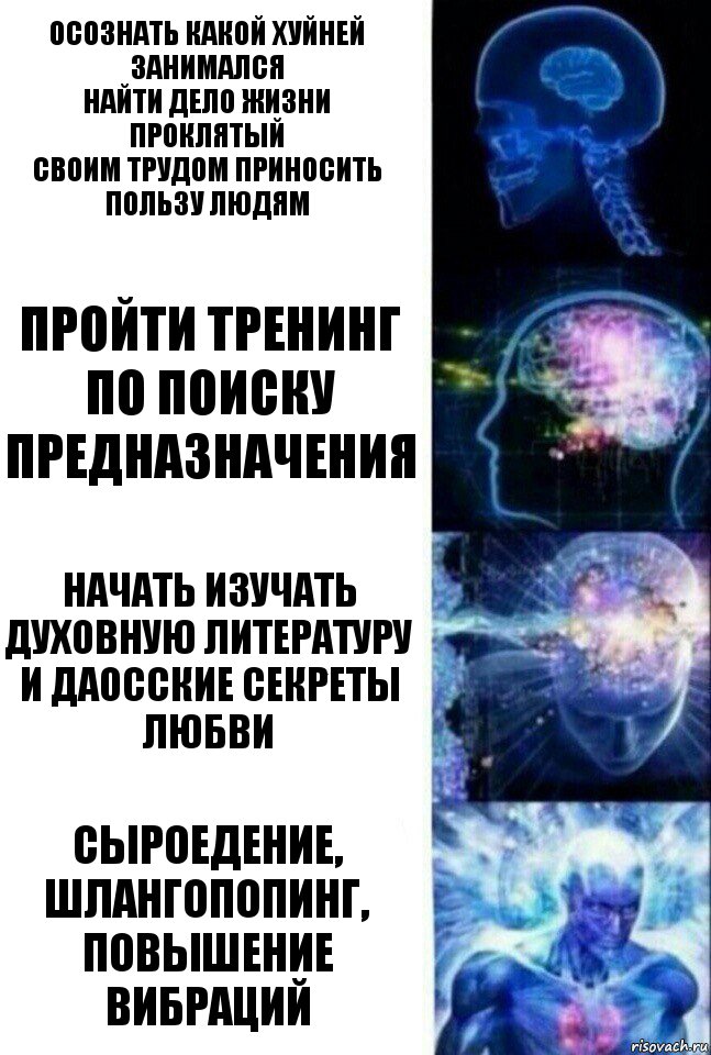 Осознать какой хуйней занимался
Найти дело жизни
проклятый
Своим трудом приносить пользу людям Пройти тренинг по поиску предназначения Начать изучать духовную литературу и даосские секреты любви СЫРОЕДЕНИЕ, ШЛАНГОПОПИНГ, ПОВЫШЕНИЕ ВИБРАЦИЙ, Комикс  Сверхразум