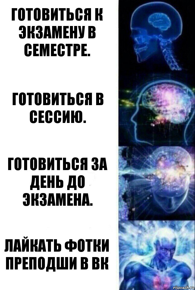 Готовиться к экзамену в семестре. Готовиться в сессию. Готовиться за день до экзамена. Лайкать фотки преподши в вк, Комикс  Сверхразум