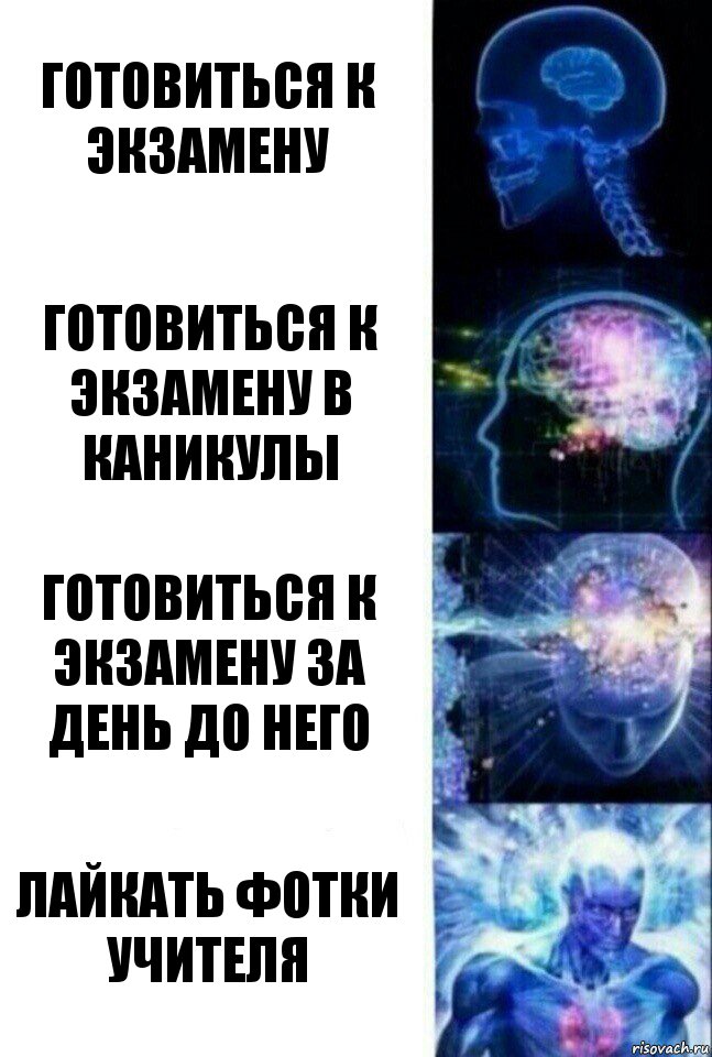 Готовиться к экзамену Готовиться к экзамену в каникулы Готовиться к экзамену за день до него Лайкать фотки учителя, Комикс  Сверхразум