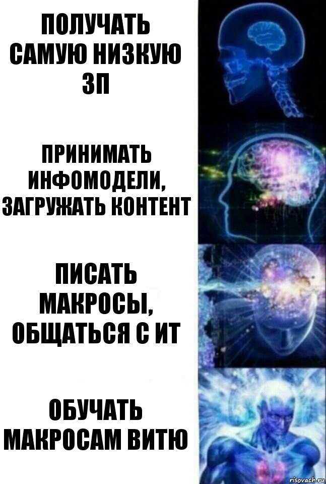 Получать самую низкую ЗП Принимать инфомодели, загружать контент Писать макросы, общаться с ИТ Обучать макросам Витю, Комикс  Сверхразум