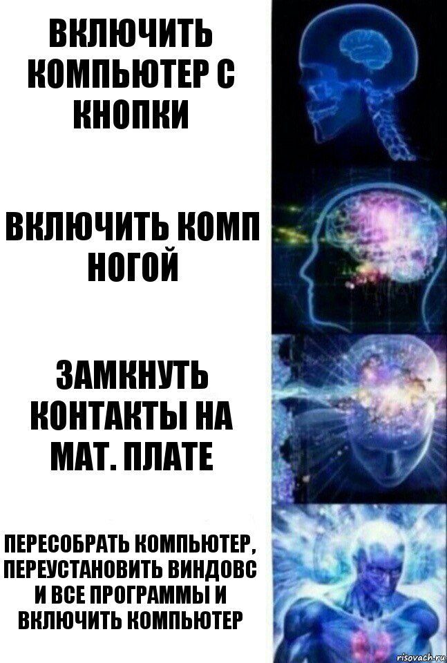 включить компьютер с кнопки включить комп ногой замкнуть контакты на мат. плате пересобрать компьютер, переустановить виндовс и все программы и включить компьютер, Комикс  Сверхразум