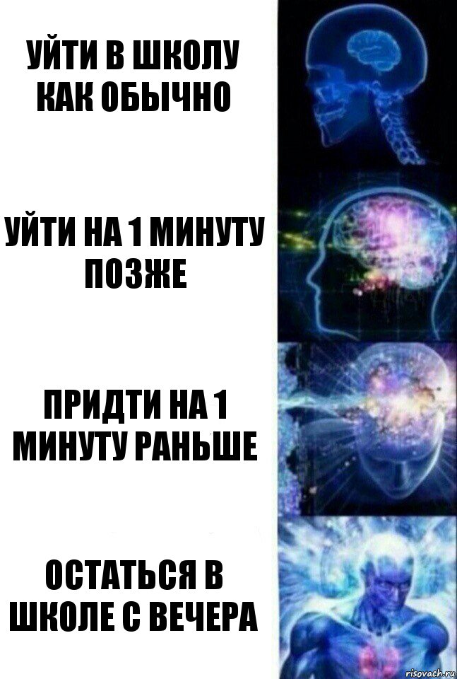 уйти в школу как обычно Уйти на 1 минуту позже Придти на 1 минуту раньше ОСТАТЬСЯ В ШКОЛЕ С вечера, Комикс  Сверхразум