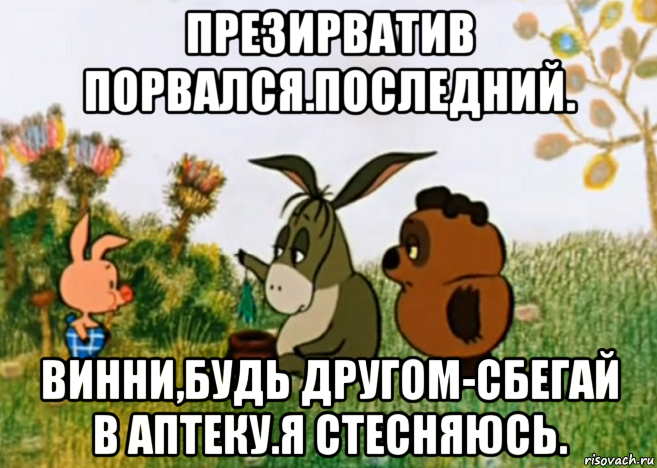 презирватив порвался.последний. винни,будь другом-сбегай в аптеку.я стесняюсь., Мем Винни Пух Пятачок и Иа