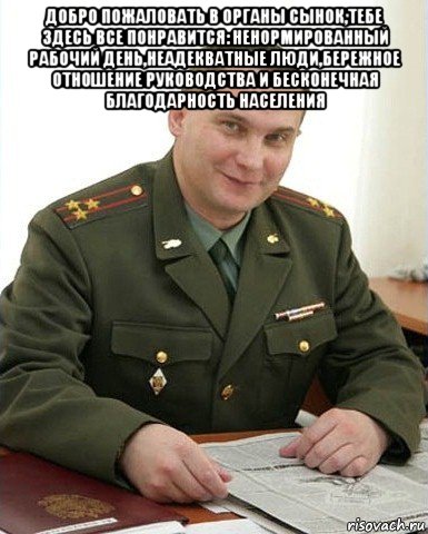 добро пожаловать в органы сынок,тебе здесь все понравится: ненормированный рабочий день,неадекватные люди,бережное отношение руководства и бесконечная благодарность населения , Мем Военком (полковник)