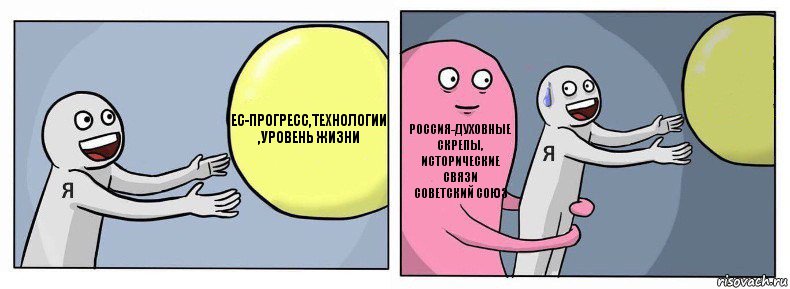 ЕС-прогресс,технологии
,уровень жизни Россия-духовные скрепы,
исторические связи
советский союз , Комикс Я и жизнь