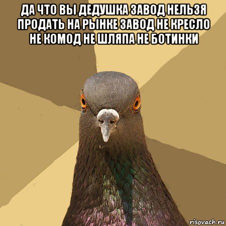 да что вы дедушка завод нельзя продать на рынке завод не кресло не комод не шляпа не ботинки , Мем голубь