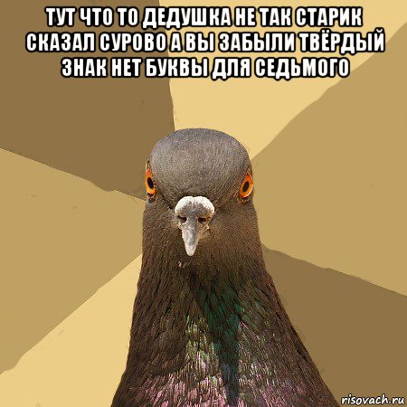 тут что то дедушка не так старик сказал сурово а вы забыли твёрдый знак нет буквы для седьмого , Мем голубь