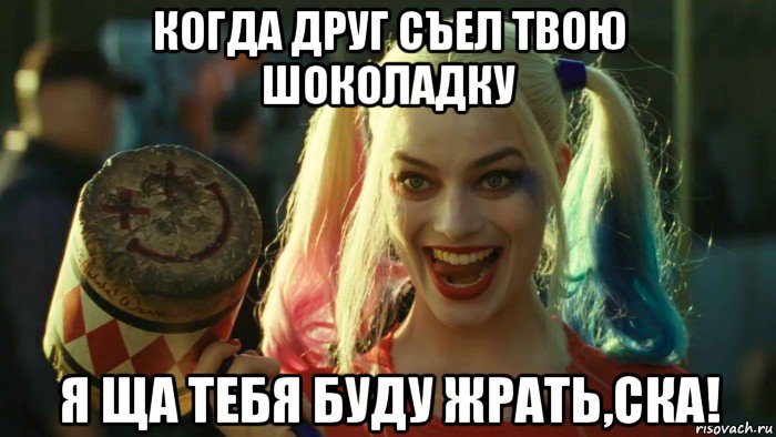 когда друг съел твою шоколадку я ща тебя буду жрать,ска!, Мем    Harley quinn