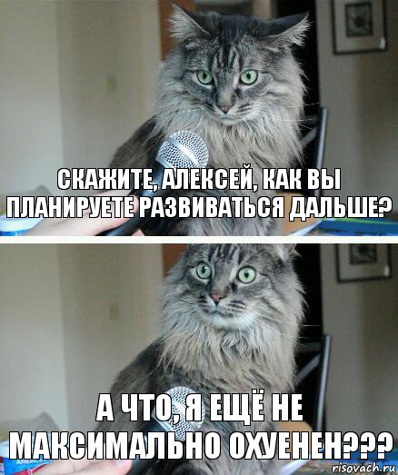 Скажите, Алексей, как вы планируете развиваться дальше? А что, я ещё не максимально охуенен???, Комикс  кот с микрофоном